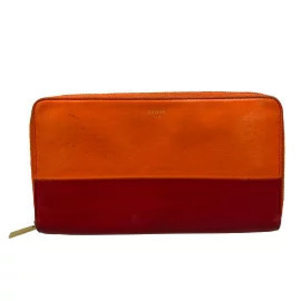 Celine Long Wallet Round Zipper Bi Orange x Bordeaux Purple Brown Leather